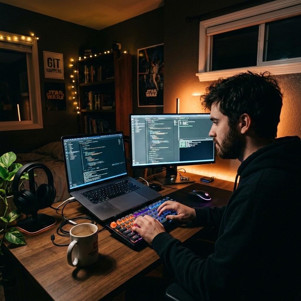 Developer coding late at night at a multi-monitor desk